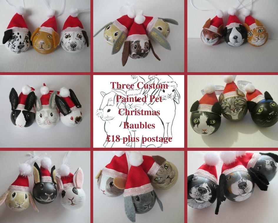 3x Personalised Pet Portrait Bauble Custom Painted Cat Dog Rabbit Guinea Pig etc
