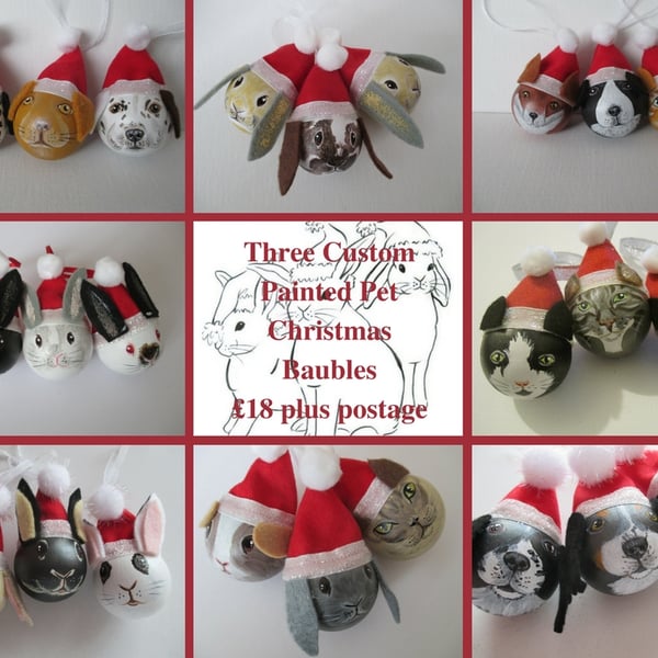 3x Personalised Pet Portrait Bauble Custom Painted Cat Dog Rabbit Guinea Pig etc