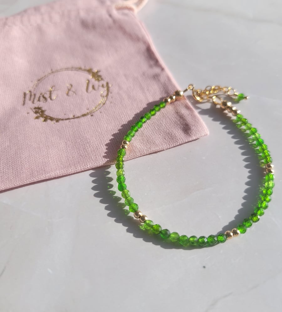 Beaded Bracelet 14kt Gold Filled Green Chrome Diopside Bracelet