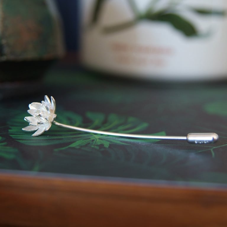 Sterling Silver Lotus Flower Brooch Pin - Handmade UK Jewellery