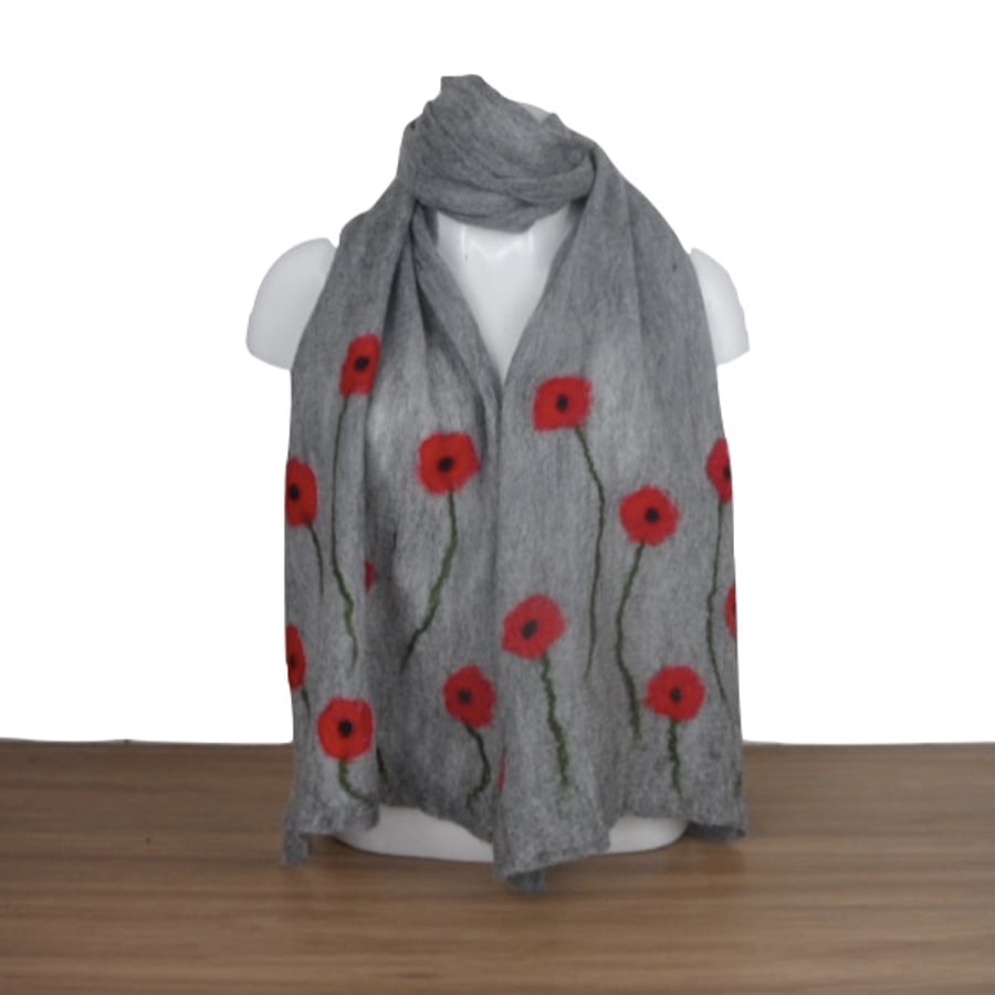 Long grey merino wool on silk nuno felted scarf with poppies, gift boxed