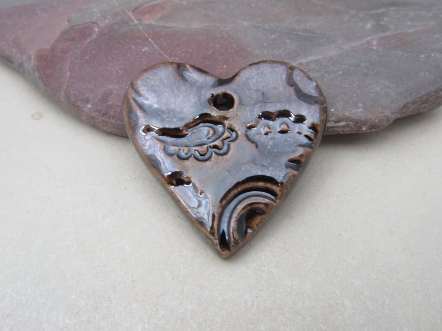 Medium Bronze Brocade Texture Heart Shaped Ceramic Pendant