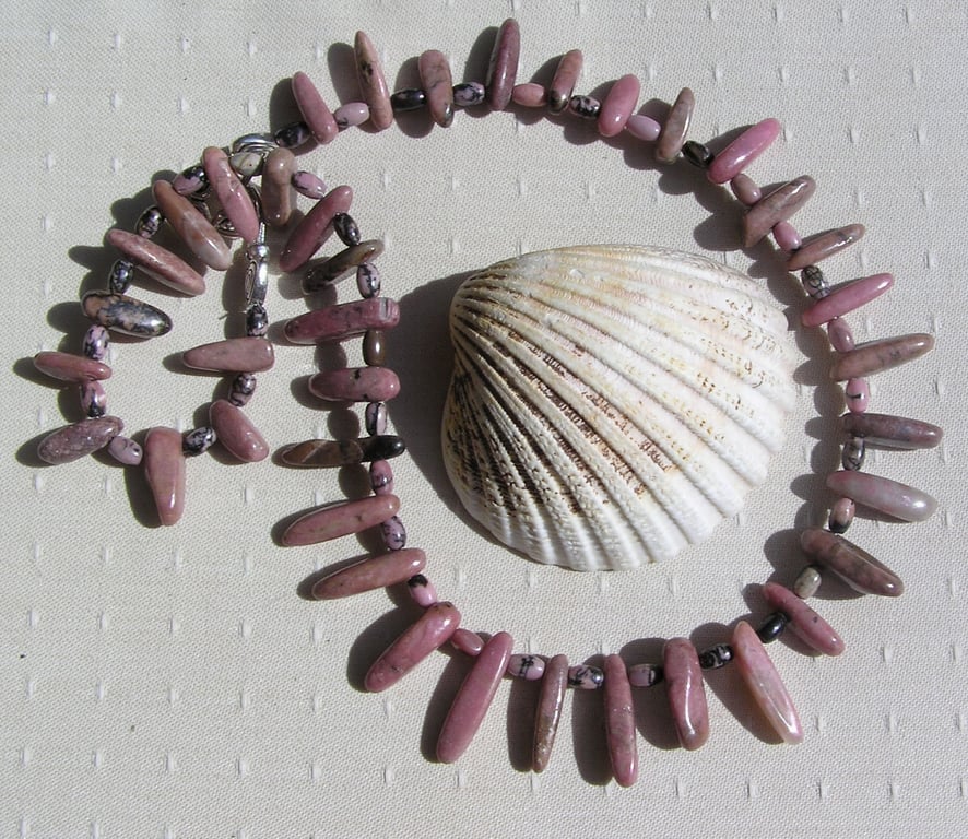 Pink & Black Rhodonite Gemstone Statement Tribal Necklace "Rose Whispers"