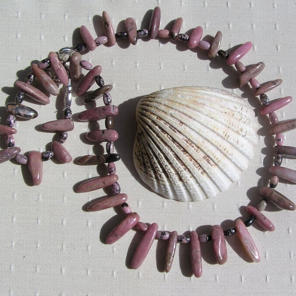 Pink & Black Rhodonite Gemstone Statement Tribal Necklace "Rose Whispers"