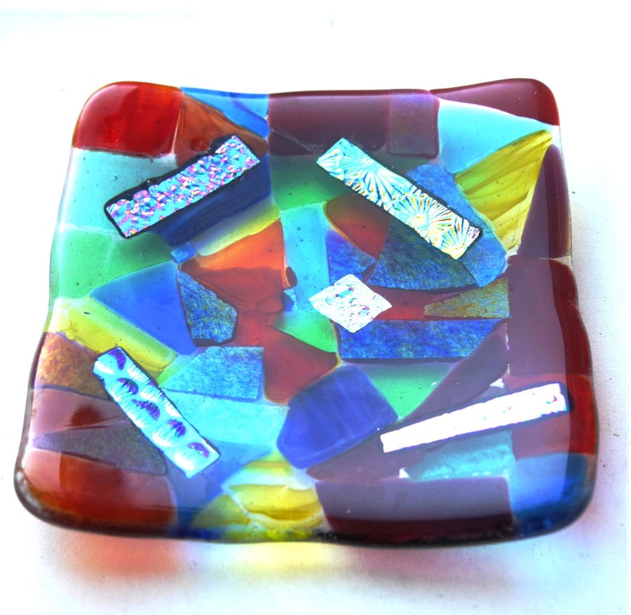 Abstract Patchwork Rainbow Dichroic Dish 11.5 cm Fused Glass Square 