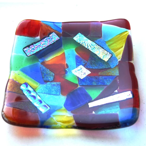 Abstract Patchwork Rainbow Dichroic Dish 11.5 cm Fused Glass Square 