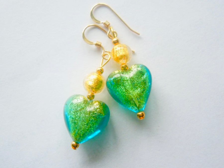 Murano Glass earrings with green an gold Murano beads and gold fill.