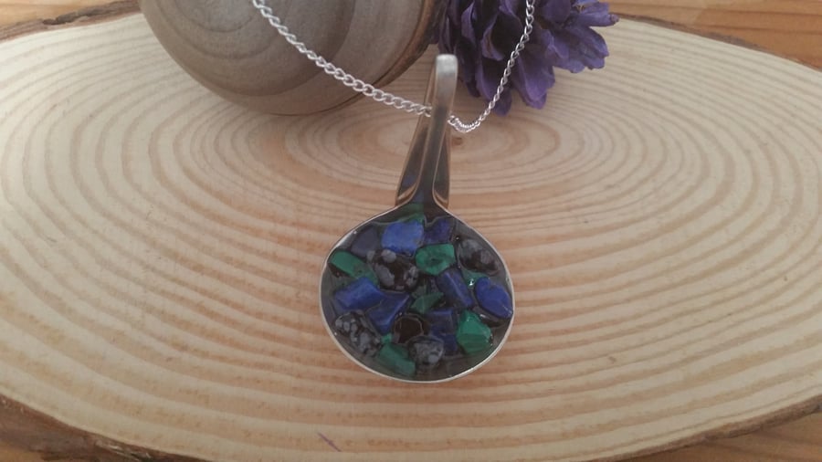 Silver Plated Upcycled Sauce Ladle Necklace With Gemstone Chips SPN061511