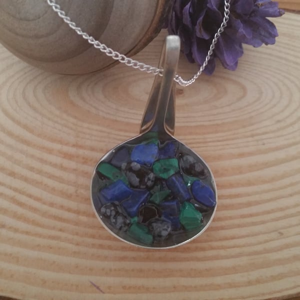 Silver Plated Upcycled Sauce Ladle Necklace With Gemstone Chips SPN061511