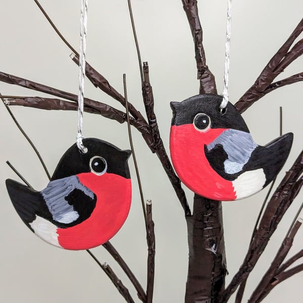 Garden bird clay bullfinch hanging decoration, gift for a bird lover 