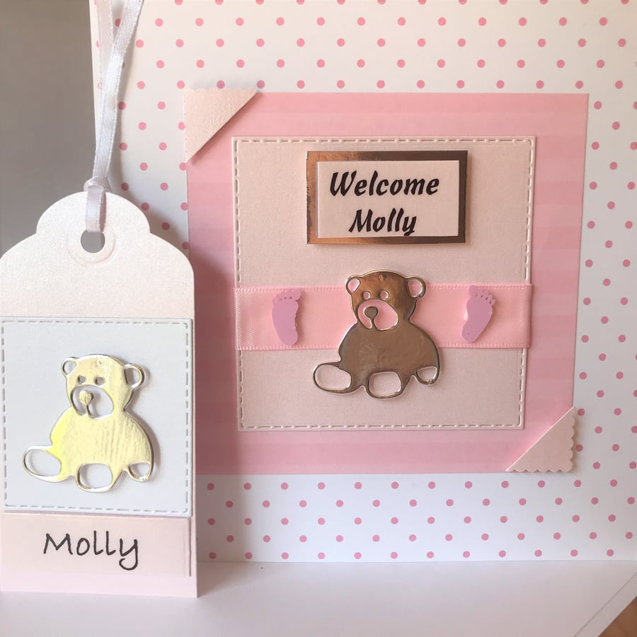 Handmade New Baby Personalised Girl Teddy card 6 x 6 ins Matching Gift tag  