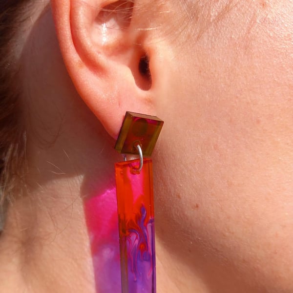 Small Pink and Purple Inferno Square Dangle Studs