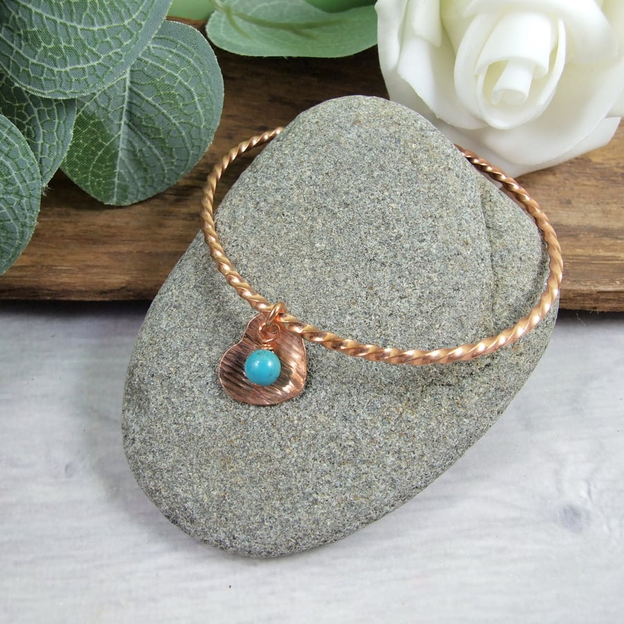 Copper Bangle. Bracelet with Heart Charm and Turquoise Gemstone. Medium