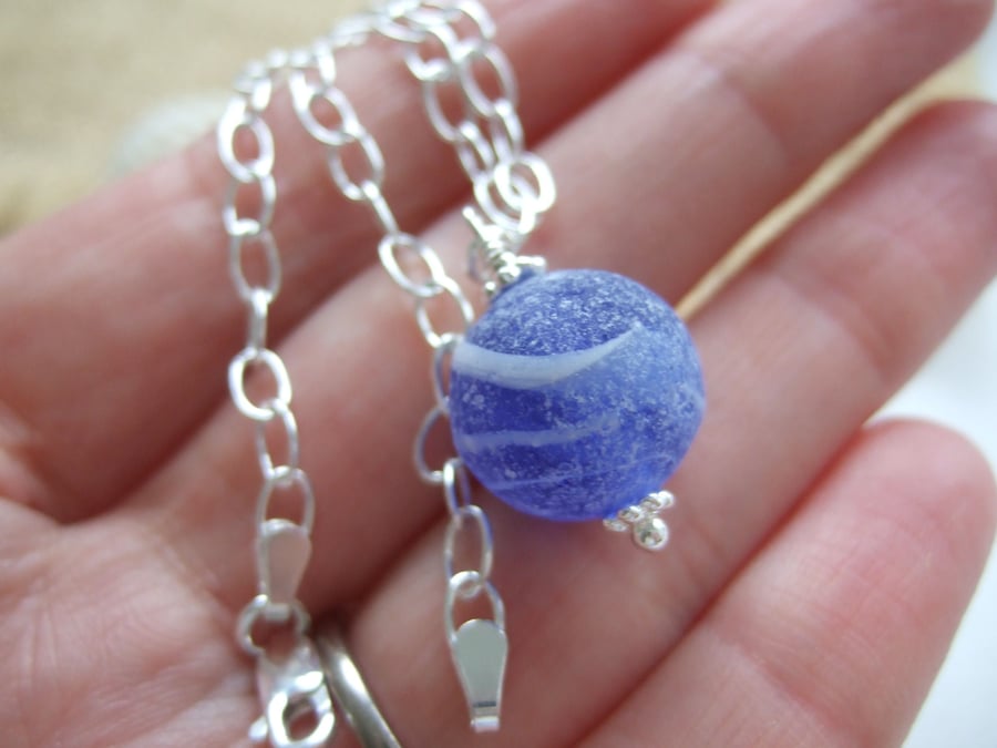 Sea Glass Marble Bracelet, Blue Beach Marble, Sterling Silver 7 Inches