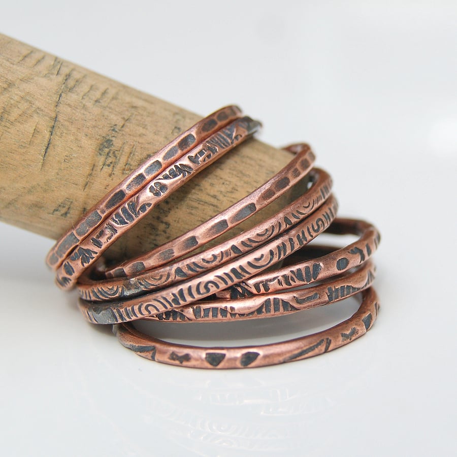 Set of 8 copper stacking rings, Oxidised thin copper rings
