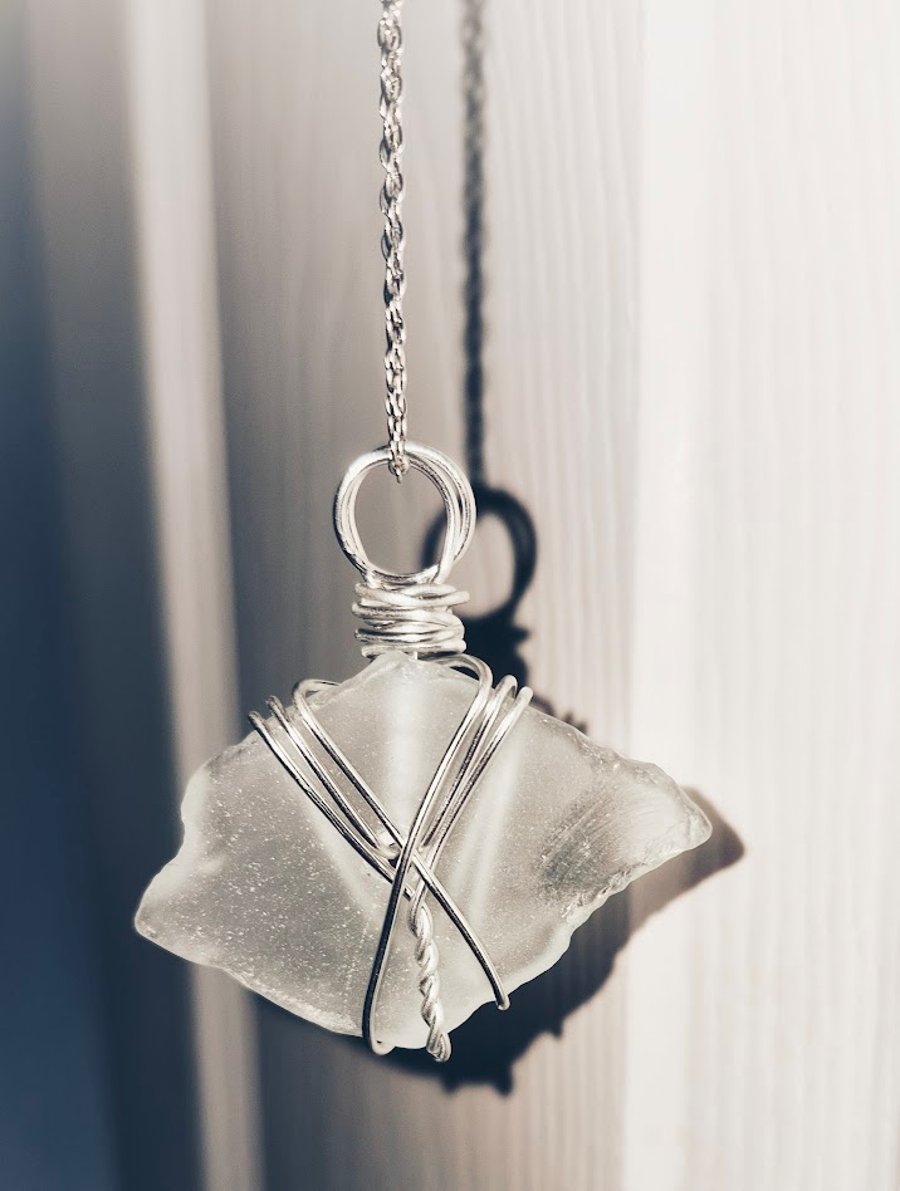 Hand Wrapped Frosted Glass Necklace – Silver Wire Cross Wrap – Minimal Handmade 