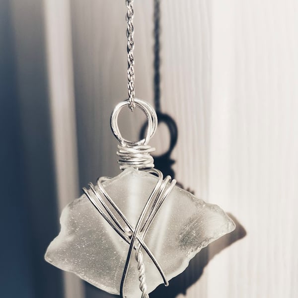 Hand Wrapped Frosted Glass Necklace – Silver Wire Cross Wrap – Minimal Handmade 
