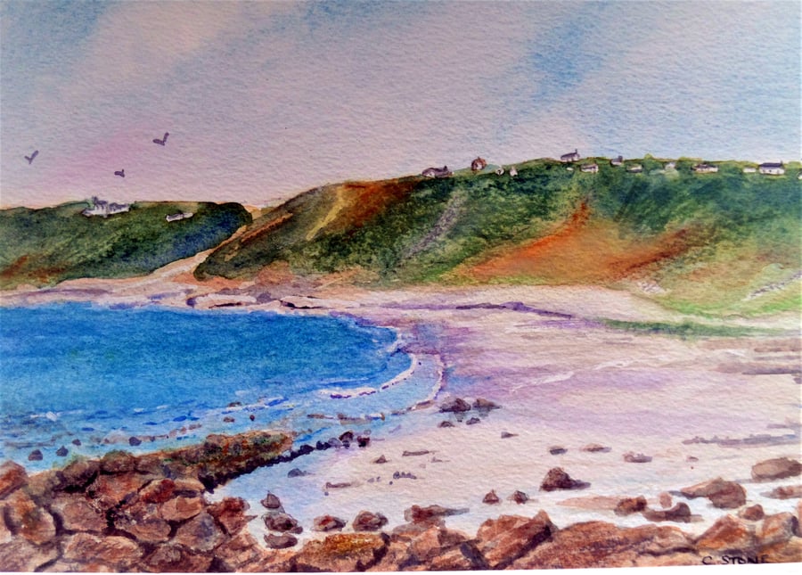 Sennen Cove Cornwall original watercolour and oil pastel painting landscape