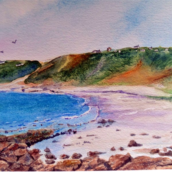 Sennen Cove Cornwall original watercolour and oil pastel painting landscape