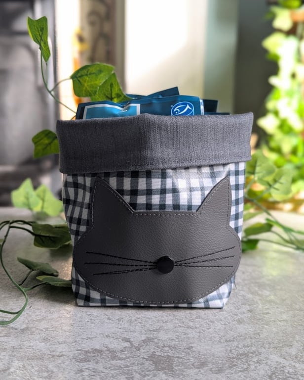 Black Gingham Print Oilcloth Storage Basket with Grey Cat Motif 