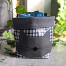 Black Gingham Print Oilcloth Storage Basket with Grey Cat Motif 