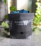 Black Gingham Print Oilcloth Storage Basket with Grey Cat Motif 