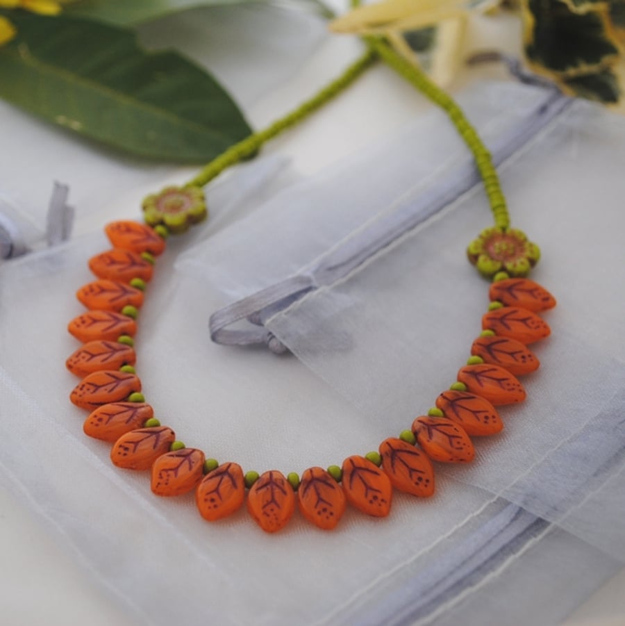 Orange leaf and chartreuse peony flower necklace