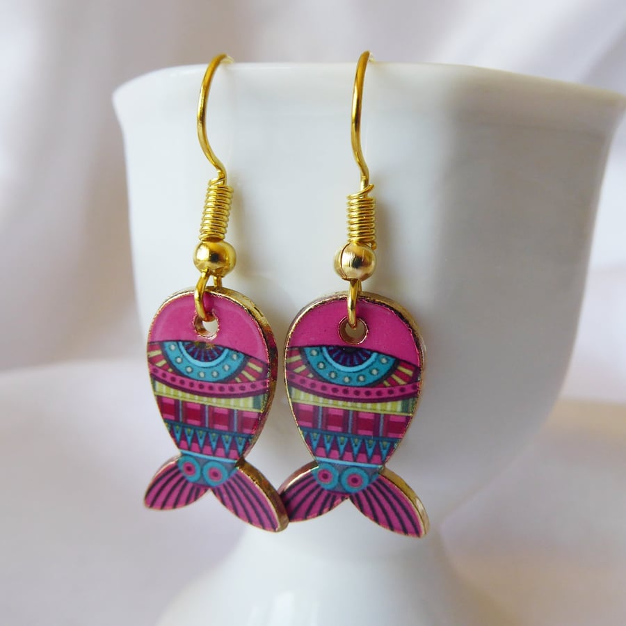 Aztec Pink & Blue Fish shaped Earrings with gold plated ear wires
