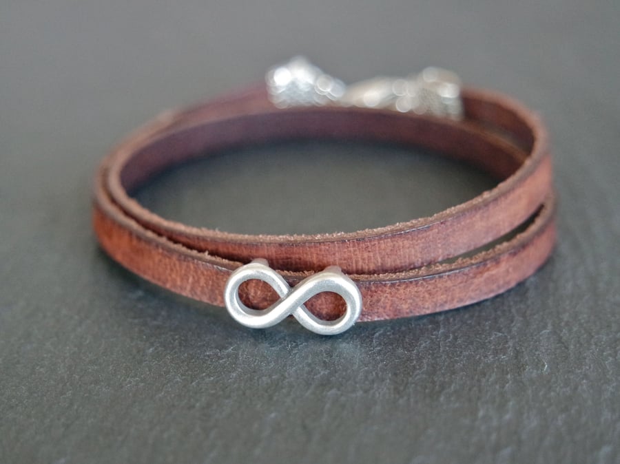 Leather wrap bracelet - infinity silver plated