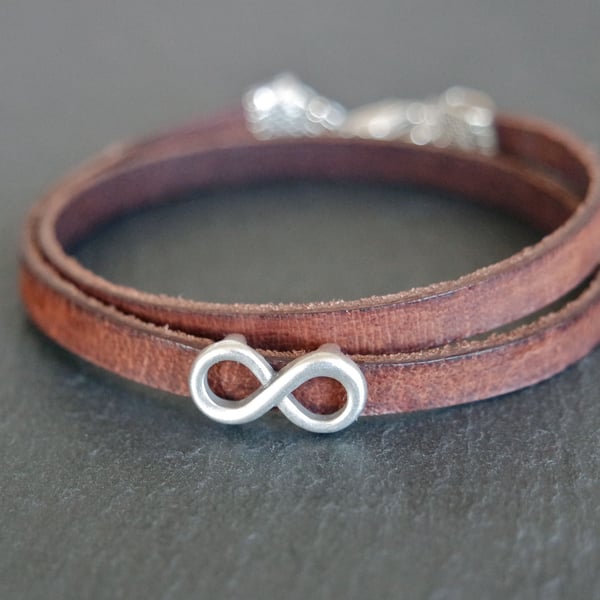 Leather wrap bracelet - infinity silver plated