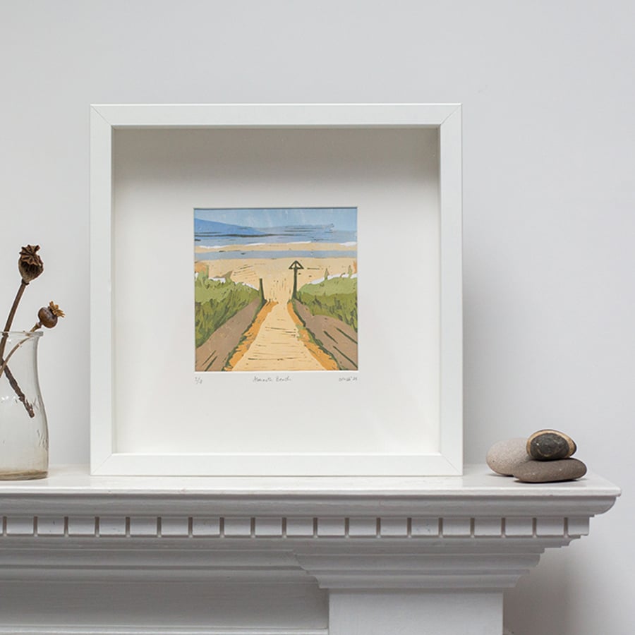 25x25: Alnmouth Beach - Original Lino print