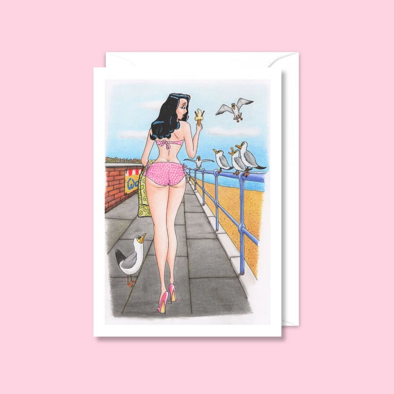 Seaside Holiday Greetings Card: Retro Postcard Style Illustration (808)