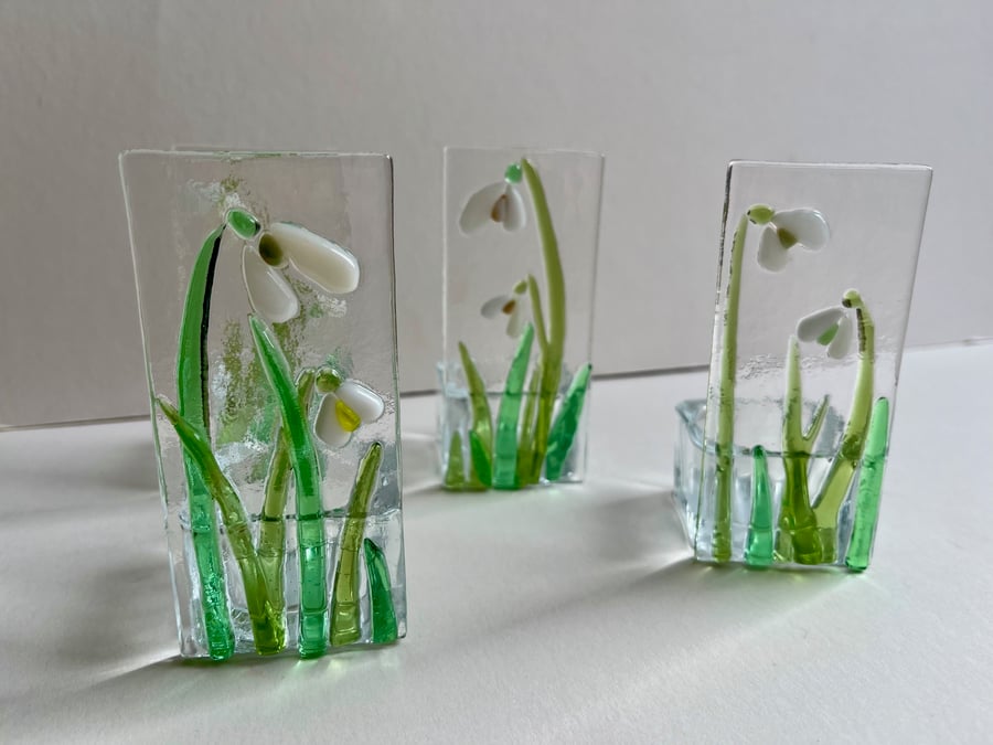Fused glass handmade snowdrop candle holder