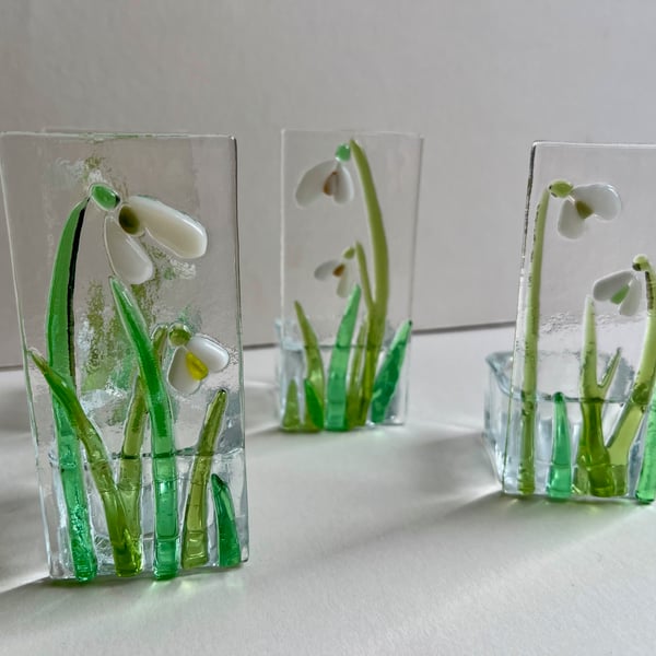 Fused glass handmade snowdrop candle holder