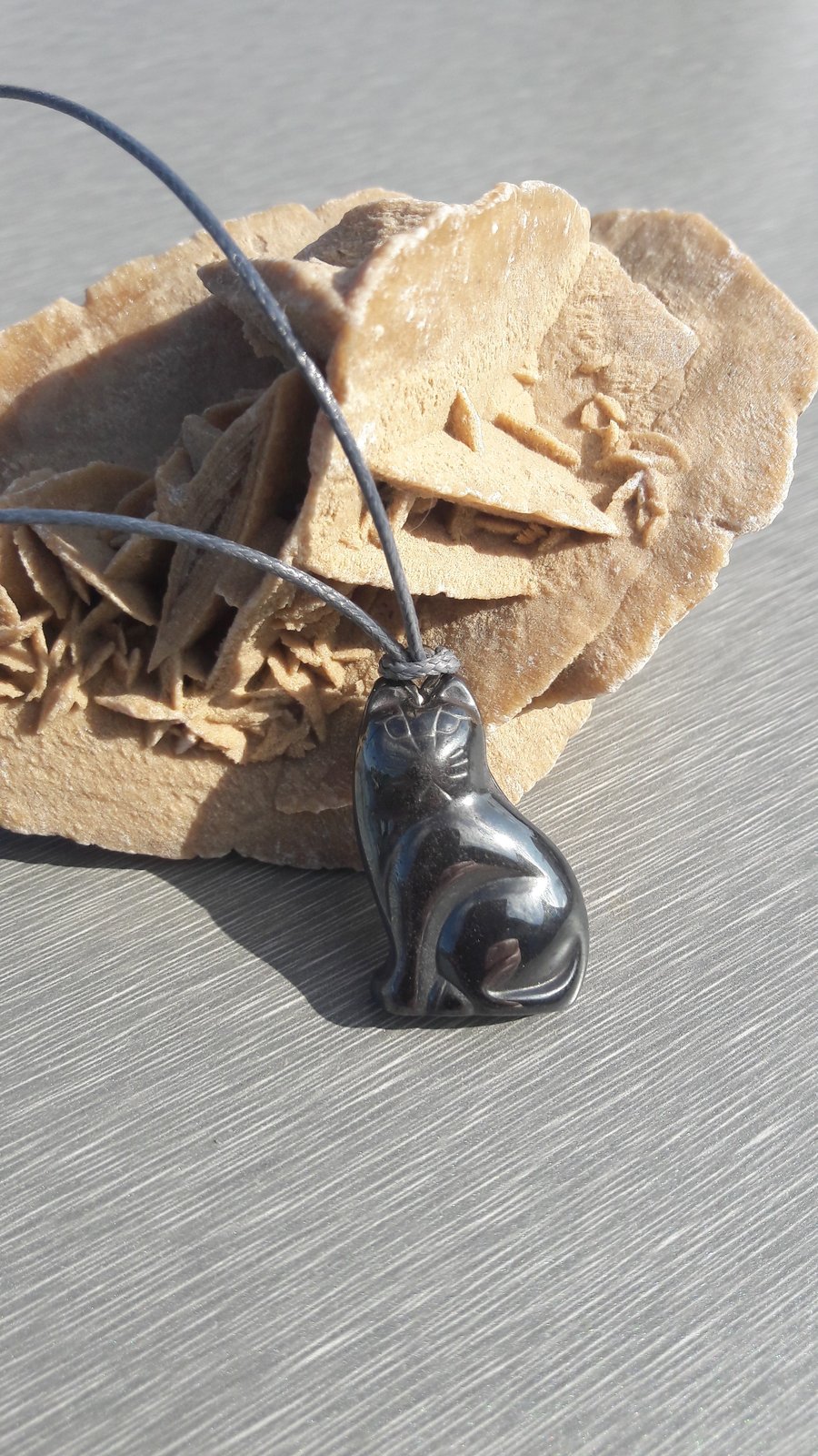 Haematite Carved Cat on Waxed Cord Adjustable Necklace