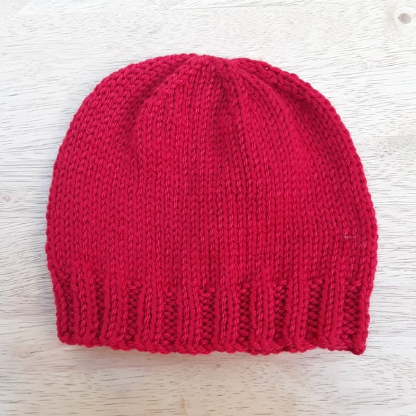 Hand knitted ruby red hat  0 - 3 months 