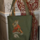 Embroidered Fox tote bag waterproof canvas Enchanting !!