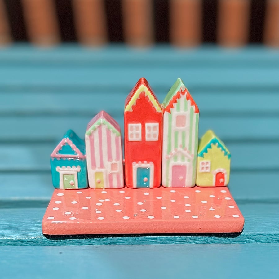 Hand Painted Ceramic Summer Beach Huts, Pottery Ornament