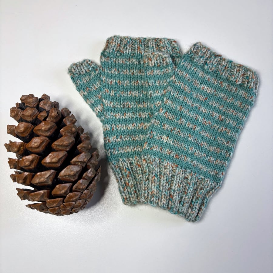 Hand Knitted Fingerless Mittens – 100% Shetland Wool in Teal Green and Natural