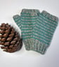 Hand Knitted Fingerless Mittens – 100% Shetland Wool in Teal Green and Natural