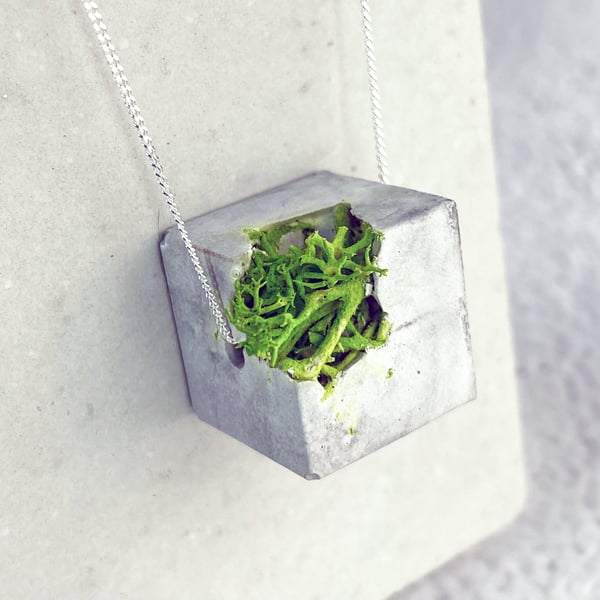 Handcrafted Square Concrete Necklace with Green Moss Inlay Eco-Chic Terrarium Pe