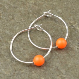 Fluorescent Neon Orange Swarovski Crystal Pearl Sterling Silver Hoop Earrings