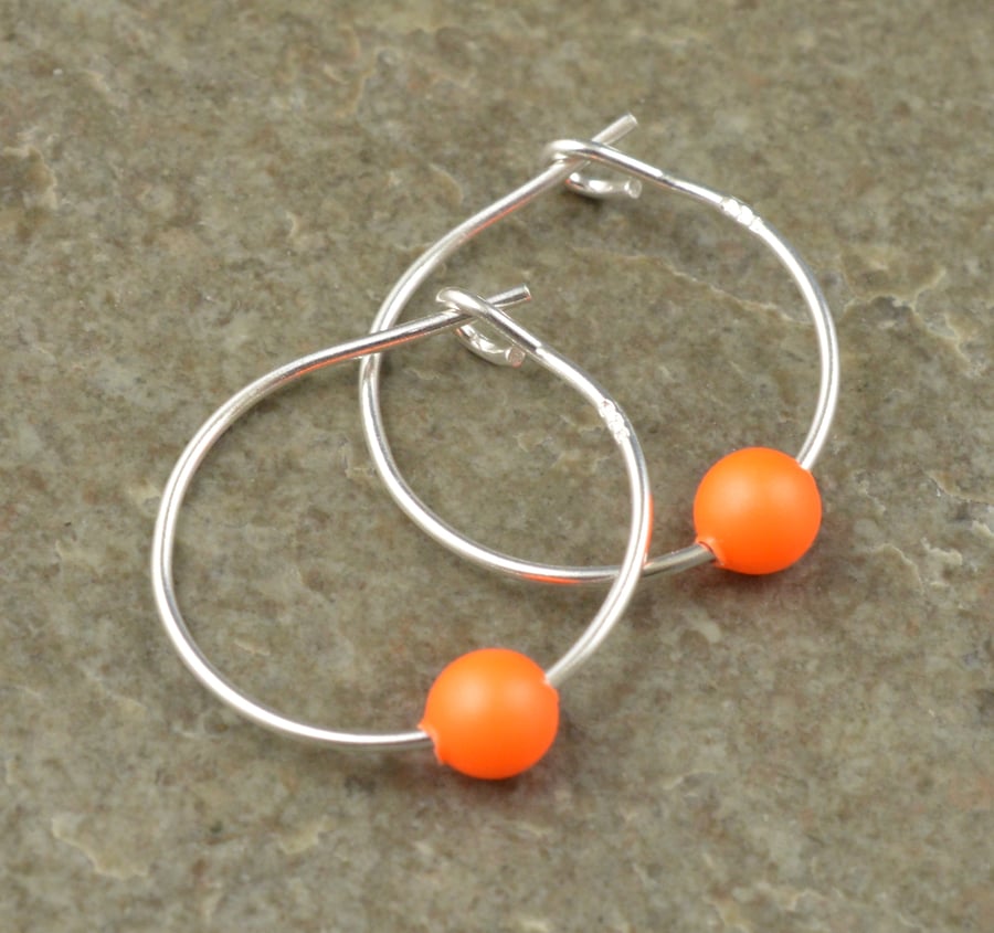 Fluorescent Neon Orange Swarovski Crystal Pearl Sterling Silver Hoop Earrings