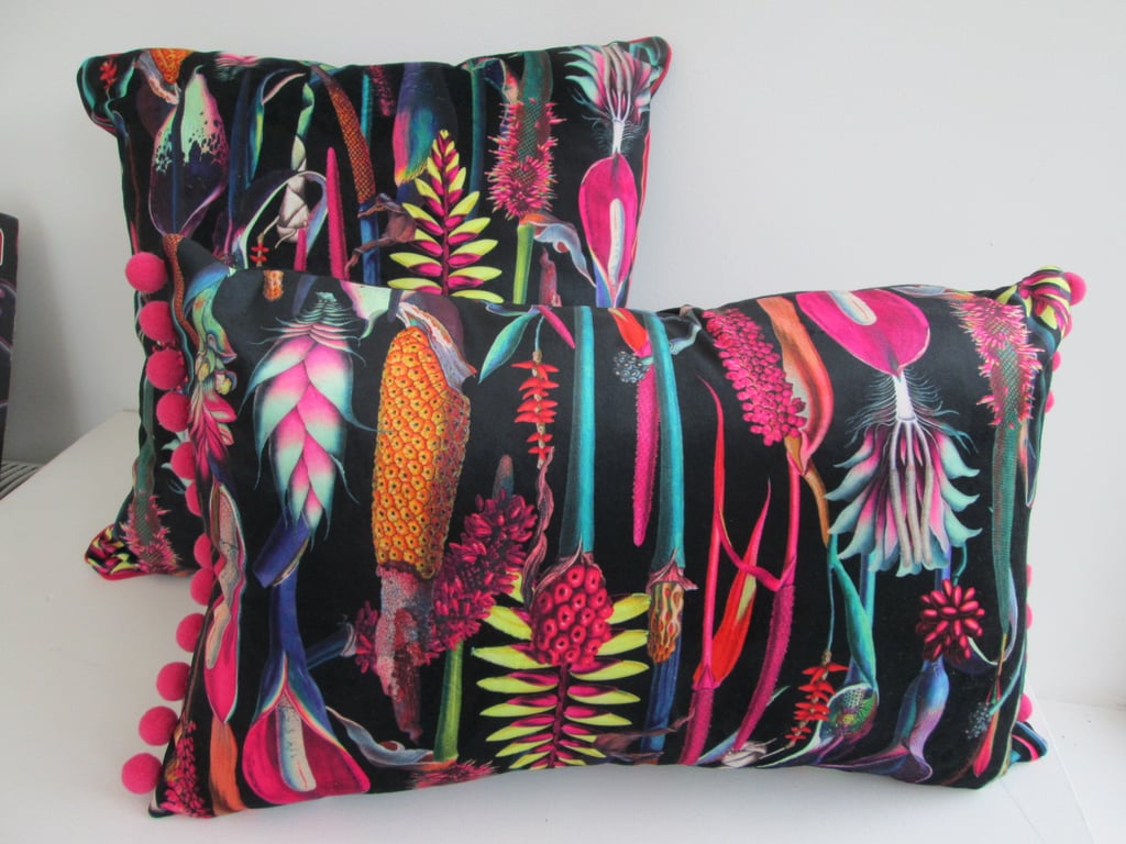 Printed Velvet Jungle Design Cushion Cover with Pink Poms