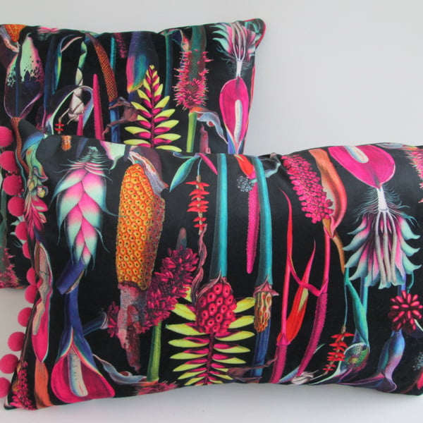 Printed Velvet Jungle Design Cushion Cover with Pink Poms