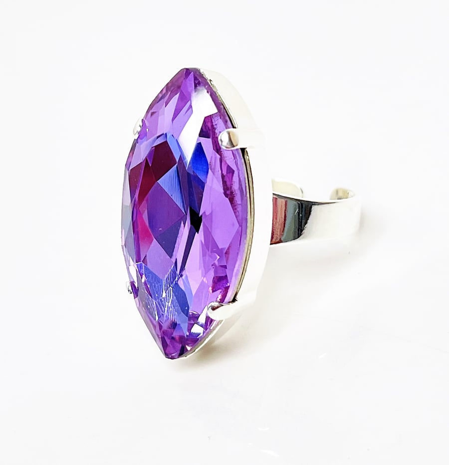 Large Violet Crystal Silver Ring, Purple Statement Ring
