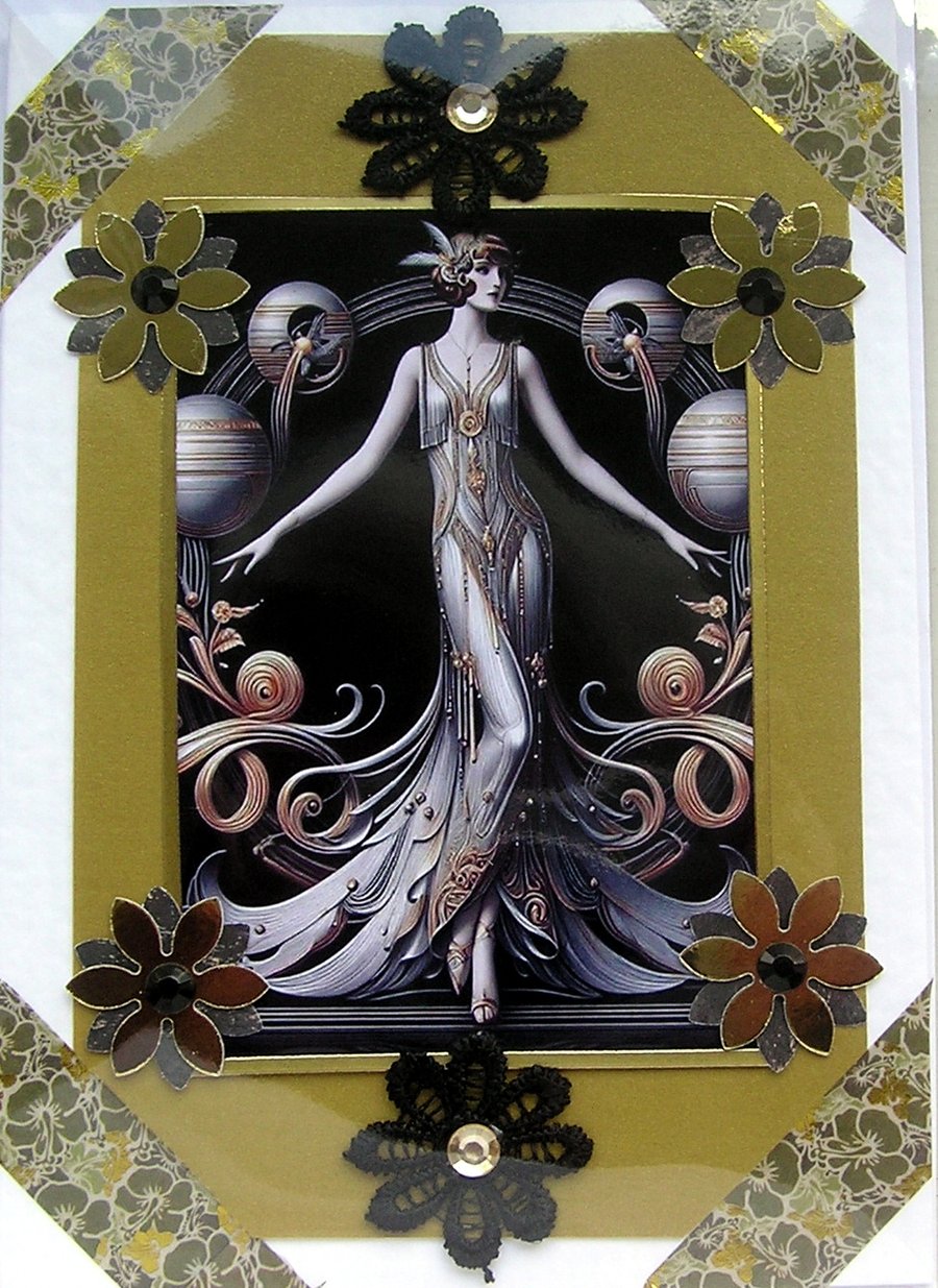 Art Deco Style Lady - Hand Crafted Decoupage Greeting Card - Blank 3160