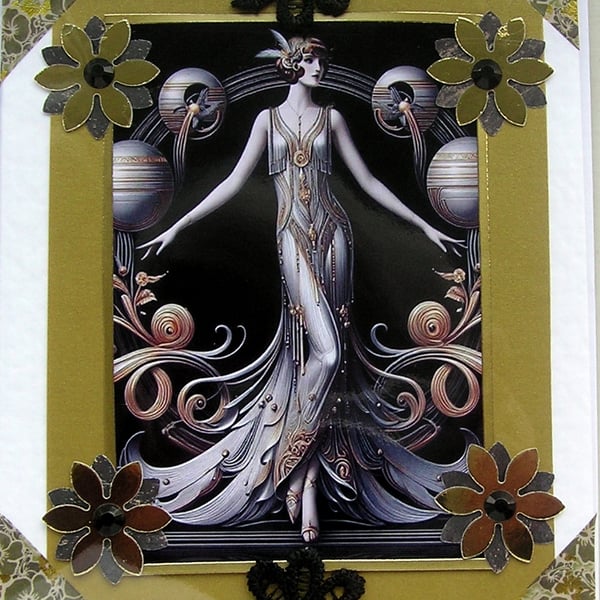 Art Deco Style Lady - Hand Crafted Decoupage Greeting Card - Blank 3160