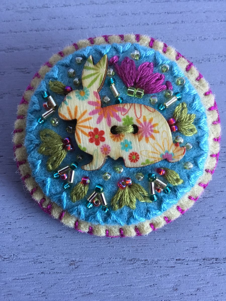 Hand Embroidered Spring Hare Brooch 