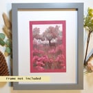silhouette of a stag in a pink landscape, original artwork, drawing